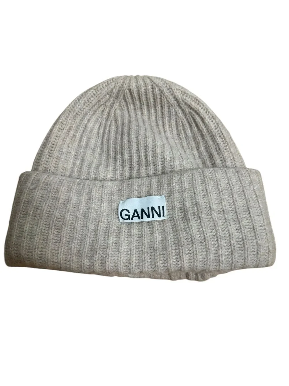 Ganni Logo Patch Rib Knit Beanie Brazilian Sand OS